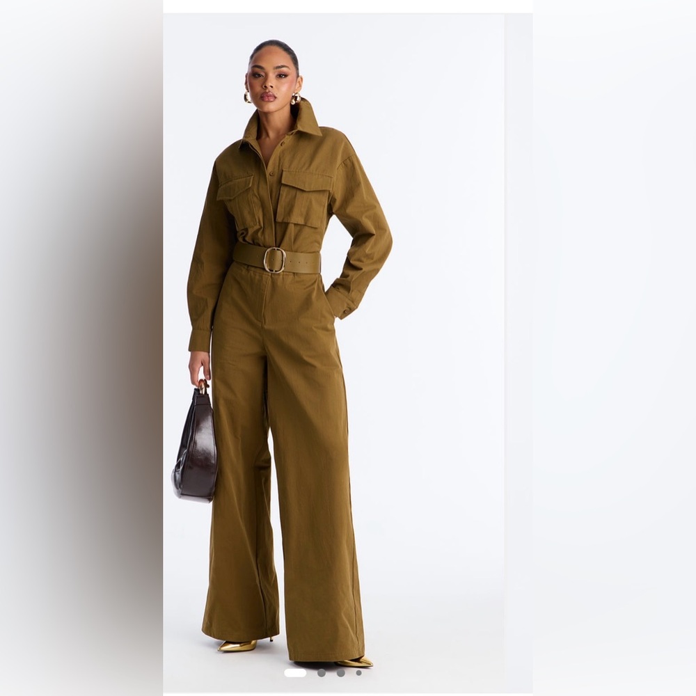 Fashion Nova Olive Utility Wide-Leg Jumpsuit with Belt